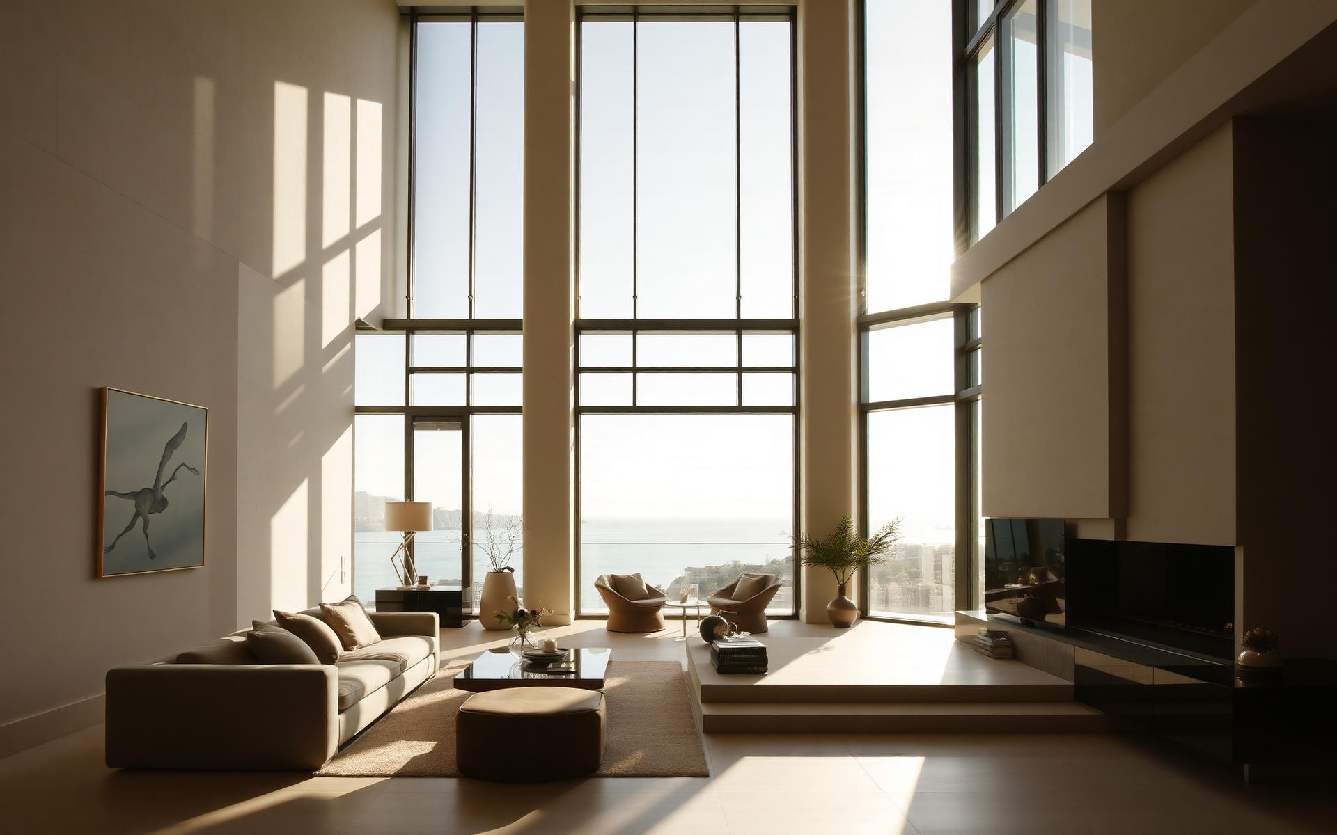Warm timber and stone residential lobby with soft evening light