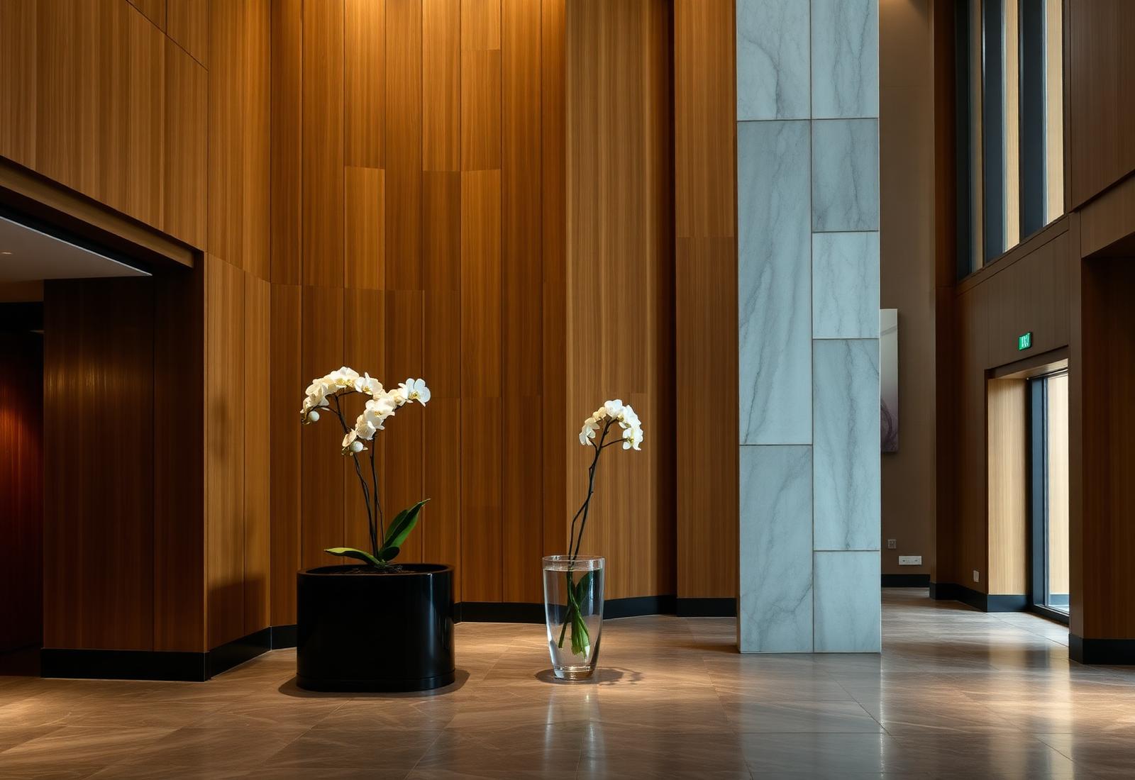 Warm timber and stone lobby of a private residential building